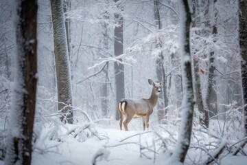 Obraz premium serene scene of snowy forest with newborn deer visible, created with generative ai
