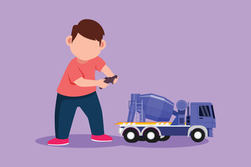 Character flat drawing little boy playing with remote controlled mixer truck toy. Adorable kids playing with electronic toy mixer truck with remote control in hands. Cartoon design vector illustration