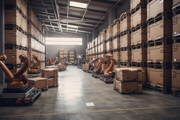 warehouse, with multiple robots performing different tasks such as picking, packing, and shipping, created with generative ai