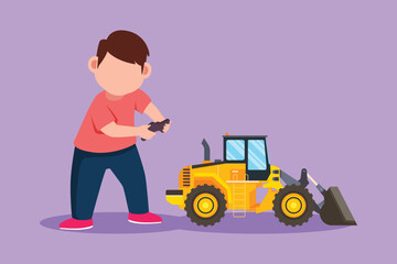 Character flat drawing happy little boy playing with remote controlled bulldozer toys. Cute kids playing with electronic toy bulldozer with remote control in hands. Cartoon design vector illustration