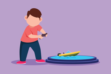 Graphic flat design drawing little boy playing with remote controlled motor boat toy. Happy kids playing with electronic motor boat toy with remote control in hands. Cartoon style vector illustration