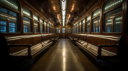Fototapeta na wymiar A subway car filled with lots of wooden benches, mirrored, AI Generative