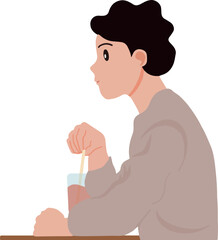 Portrait of young man thinking wondering while drinking side view vector illustration