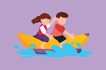 Character flat drawing children having fun on banana boat. Happy kids with rides banana boat on beach waves. Little boy and girl at holidays summer with water sport. Cartoon design vector illustration