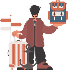 ﻿The individual is holding a travel rucksack and a pack. Compelled on white establishment. Trendy style, Vector Illustration