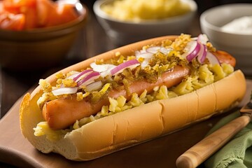gourmet hot dog, dressed with relish, mustard and onions on soft bun, created with generative ai