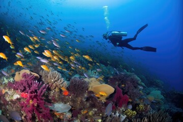 scuba diver swimming among schools of fish, with view of colorful reef in the background, created with generative ai