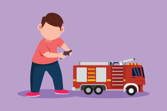 Character flat drawing happy little boy playing with remote controlled fire truck toy. Cute kids playing with electronic toy fire truck with remote control in hands. Cartoon design vector illustration