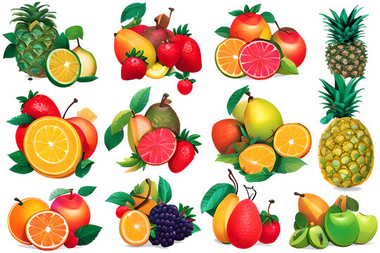 A set of exotic fruits and berries ( lemon, pineapple, strawberry, orange, pear ) with green
leaves isolated on a white background.
Generative AI.