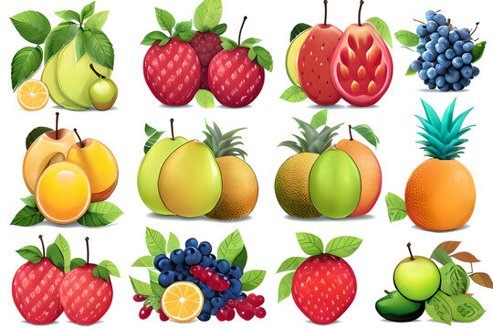 A set of exotic fruits and berries (lemon, grape, strawberry, apple, melon, pear, papaya, blueberry, currant) with green
leaves isolated on a white background.
Generative AI.