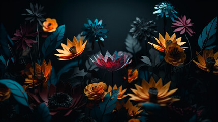 Fototapeta na wymiar Black paper flowers on Black background Generative AI 