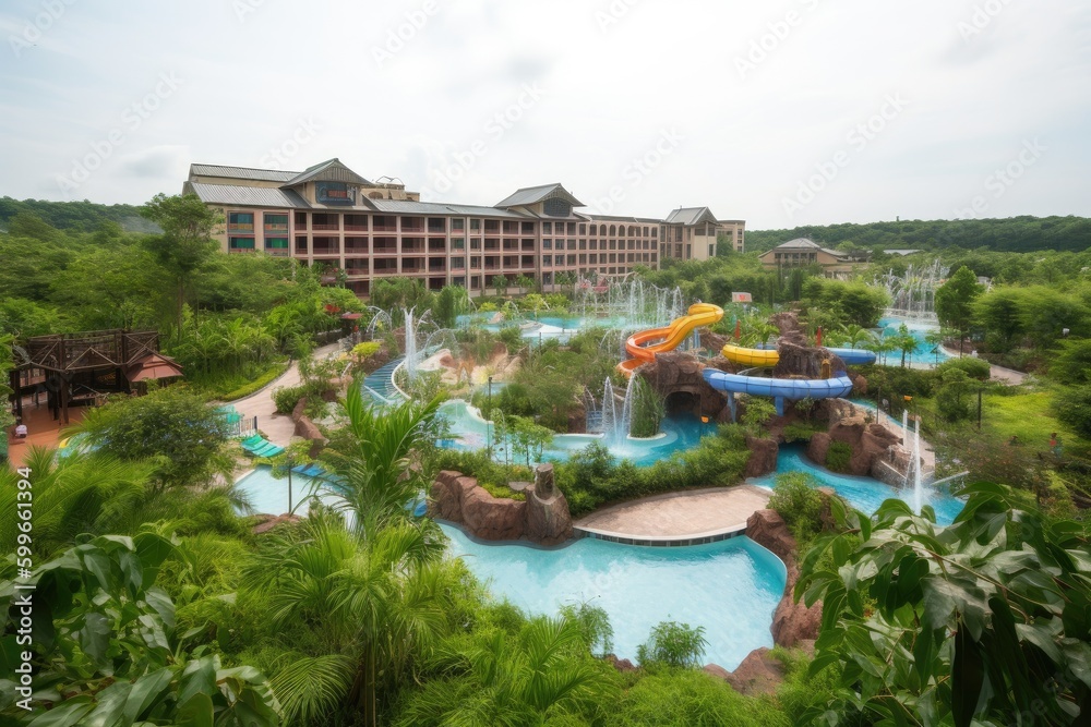 Wall mural water park with water slides and pools of different shapes and sizes, surrounded by greenery, created with generative ai