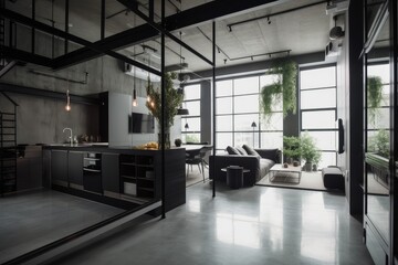 industrial home, with sleek and modern decor, featuring clean lines and minimalism, created with generative ai
