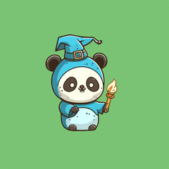 A panda wearing a witch costume, a cute mascot for animals, with a flat cartoon design
