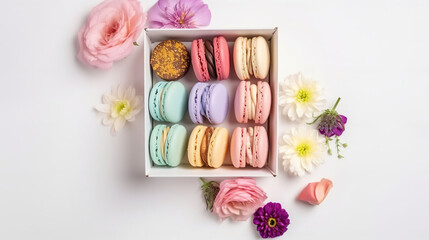 Elevate Your Gift-Giving with Colorful Macaroons and Fresh Spring Flowers, AI Generative