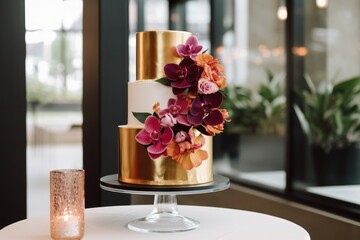 Obraz na płótnie Canvas modern wedding cake with fresh flowers and metallic accents, created with generative ai