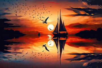 sailboat sunset sail on calm lake, with reflections and birds in the sky, created with generative ai