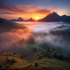 Fototapeta premium Sunrise over layers of mountain with low clouds Generative AI