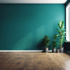 Teal painted wall and wood floor empty room with tropical plans Generative AI
