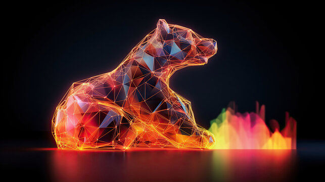 The wire sculpture of a bear a light shining on the night ground, in the style of generative art, bold colorful lines, emerald and amber. AI Generative