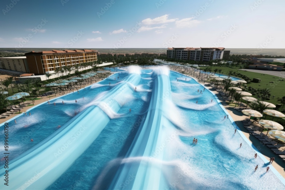 Wall mural water park with wave pool, where people can surf and swim on waves, created with generative ai