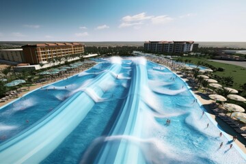 water park with wave pool, where people can surf and swim on waves, created with generative ai