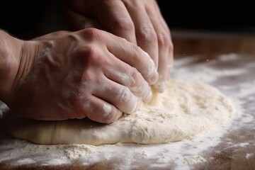 close-up of pizw dough being stretched and kneaded with flour visible, created with generative ai