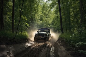 Plakat off-road vehicle speeding through wooded forest, surrounded by nature, created with generative ai