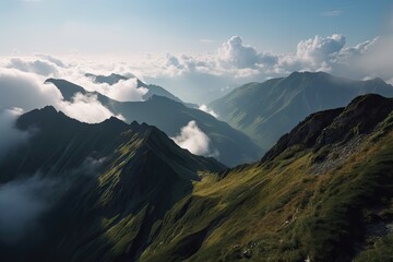 majestic mountain range viewed from above, with clouds obscuring part of the view, created with generative ai