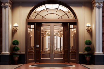 Fototapeta na wymiar a grand entrance, with double doors and sweeping lobby, for a luxurious hotel or upscale office building, created with generative ai