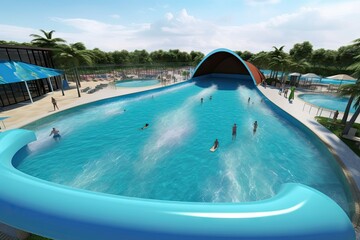 water park with wave pool and surf simulator, great for surfing practice, created with generative ai