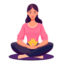 Woman meditating in the Lotus position and saying Om. Girl with practising the guided meditation. Modern flat illustration on yoga topic.Vector illustration. Yoga girl in levitation

