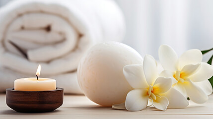 Naklejka na ściany i meble Spa composition massage herbal ball, plumeria flower in vase,coconut coffee soap,white towels and candle on white wood table background, AI Generative