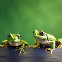 Two frogs are sitting on a wooden podium on a green background.