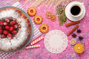 top view delicious strawberry cake sugar powdered with cookies and tea on the pink background cake sweet sugar biscuit cookies tea