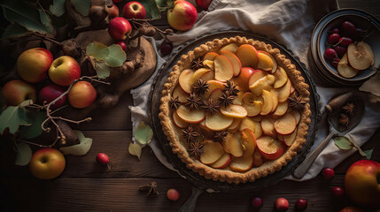 Fototapeta na wymiar Traditional American Thanks Giving pie with whole organic apples, cinnamon sticks on wooden table. Homemade fruit tart baked to golden crust. Close up, copy space, AI Generative