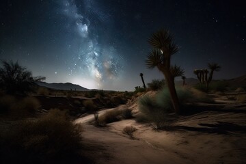 Fototapeta na wymiar night sky with stars and moon, shining down over oasis in desert, created with generative ai