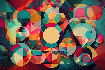 abstract arrangement of circles and triangles in vibrant colors, created with generative ai