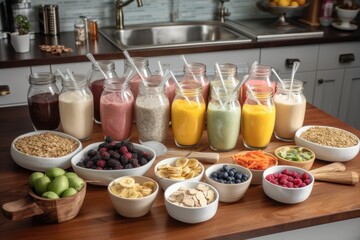 smoothie bar with array of ingredients and toppings for making unique smoothies, created with generative ai