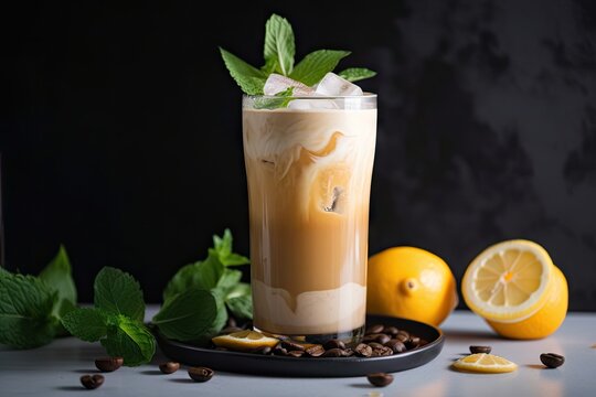 refreshing iced coffee latte with mint and citrus flavors, created with generative ai
