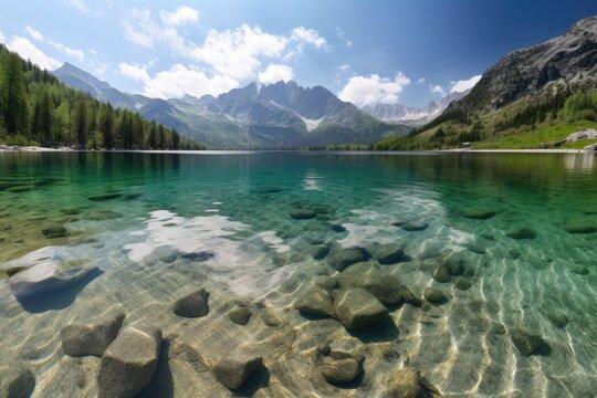crystal clear lake, with view of dramatic mountain range in the background, created with generative ai