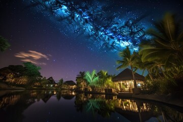 Fototapeta premium exotic destination, with view of the night sky and stars shining overhead, created with generative ai
