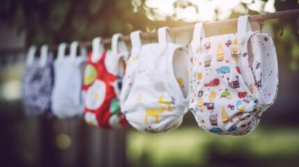 A row of baby diapers hanging from a clothes line. Generative AI image.