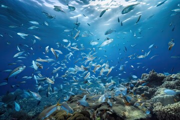 microplastics and their impacts in a marine ecosystem, with schools of fish swimming among the plastic debris, created with generative ai