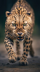 Fototapeta na wymiar Wildlife photography background: high detailed closeup portrait of an angry wild and dangerous animal, coming close to the camera and ready for jump, creating a bit of fear. Generative AI.
