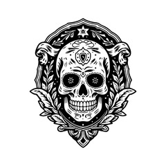 A striking Mexican skull emblem logo, perfect for a bold and edgy brand with a taste for the mystical and the macabre