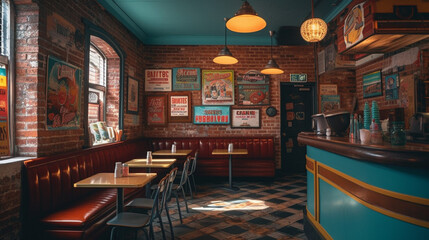 Fototapeta na wymiar Vintage burger joint with exposed brick wall Generative AI 