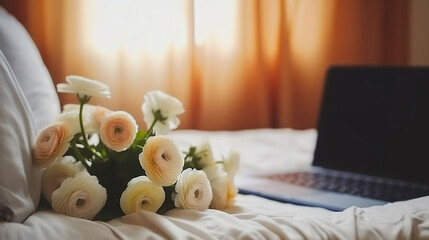 Good morning concept. Empty unmade bed with ranunculus flowers. Close up shot of beautiful spring bouquet and laptop with open lid in bedroom interior. AI Generative