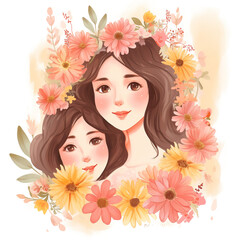Happy Mom and Daughter flower Watercolor PNG Art For Sublimation Design, Generative AI