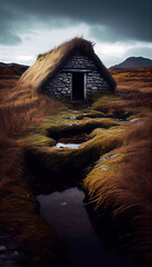 Ancient Scottish Traditional Peat House Landscape Background AI Generative